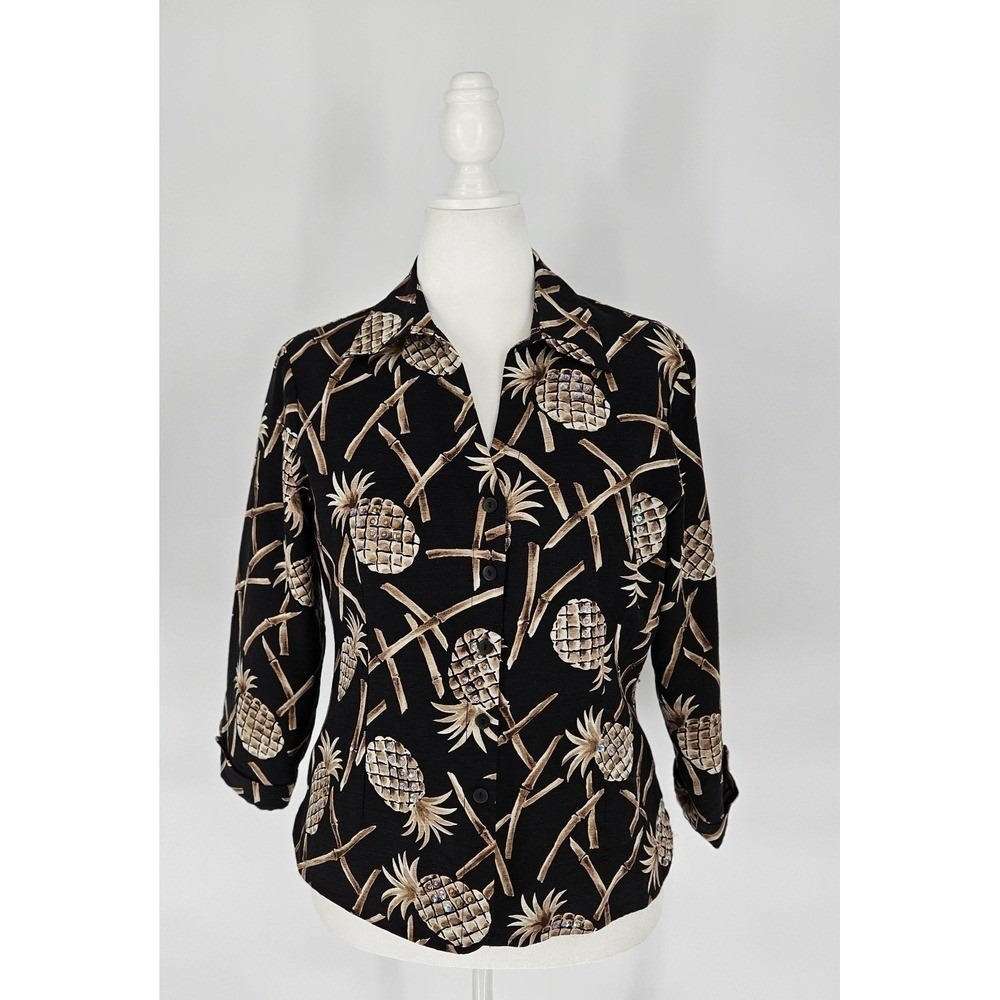Silk Land Button Down Shirt Women Large Black Pineapple Sequin Silk Blouse